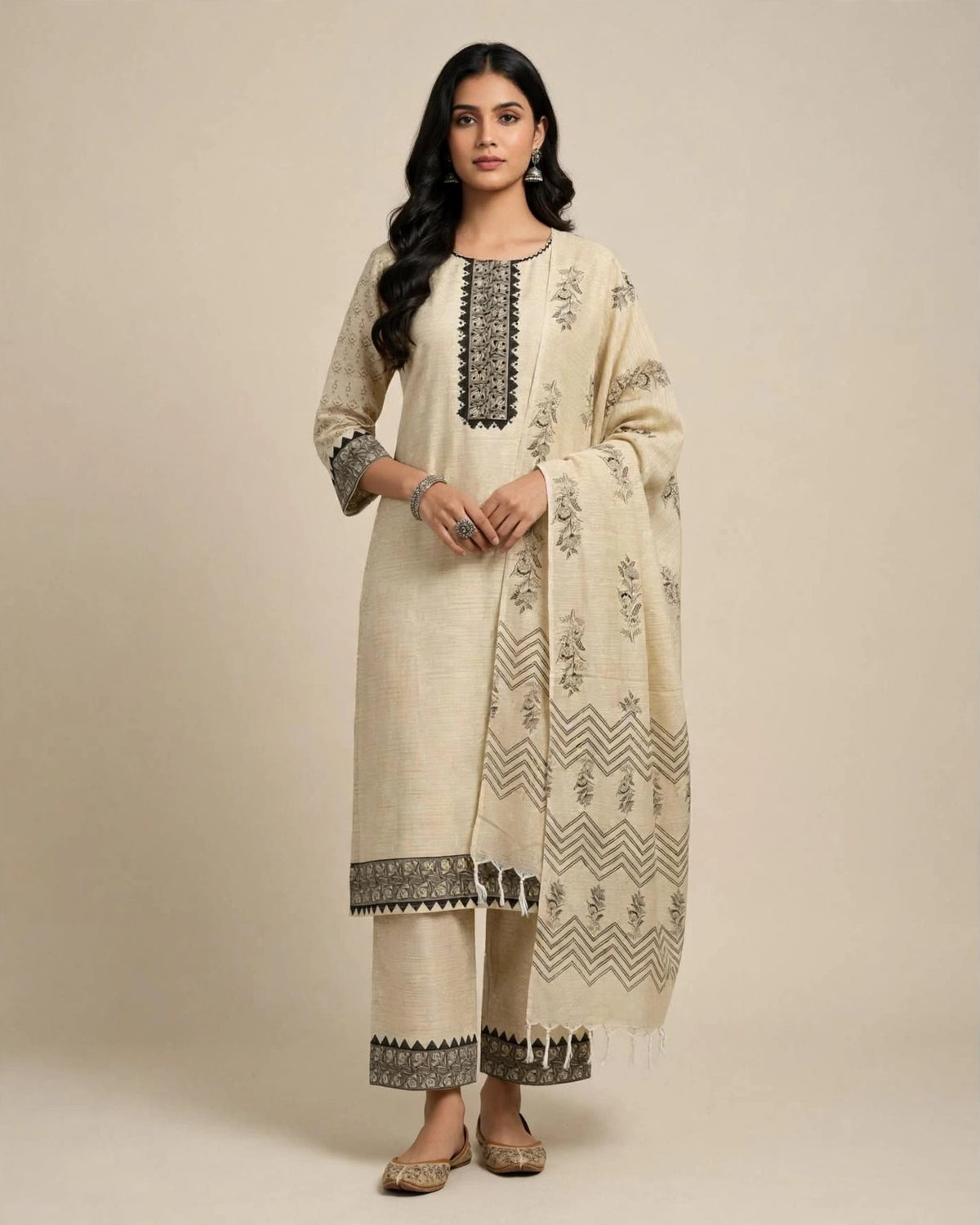Beige Handloom Silk Printed Suit Set