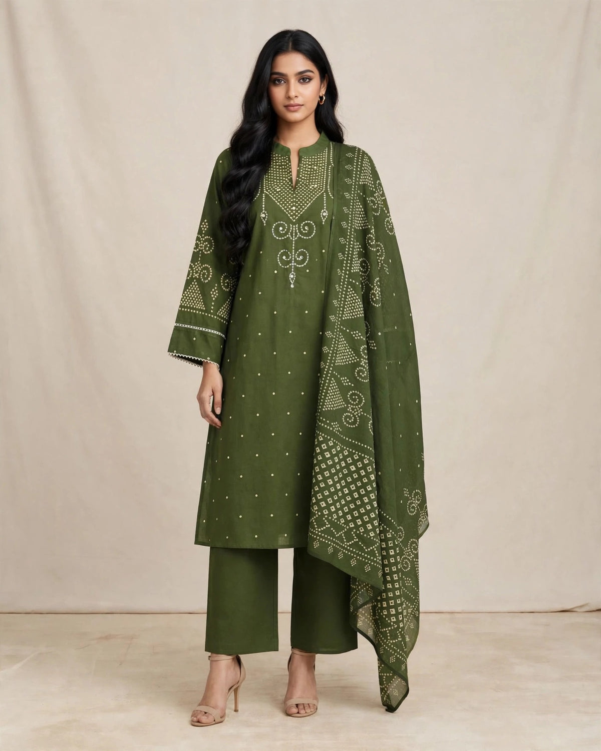 Henna Green Bandhani Printed Cotton Suit Set