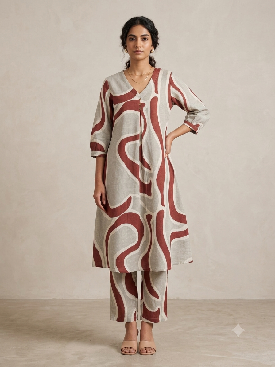Grey & Terracotta Abstract Khadi Cotton 2pc Kurta Set