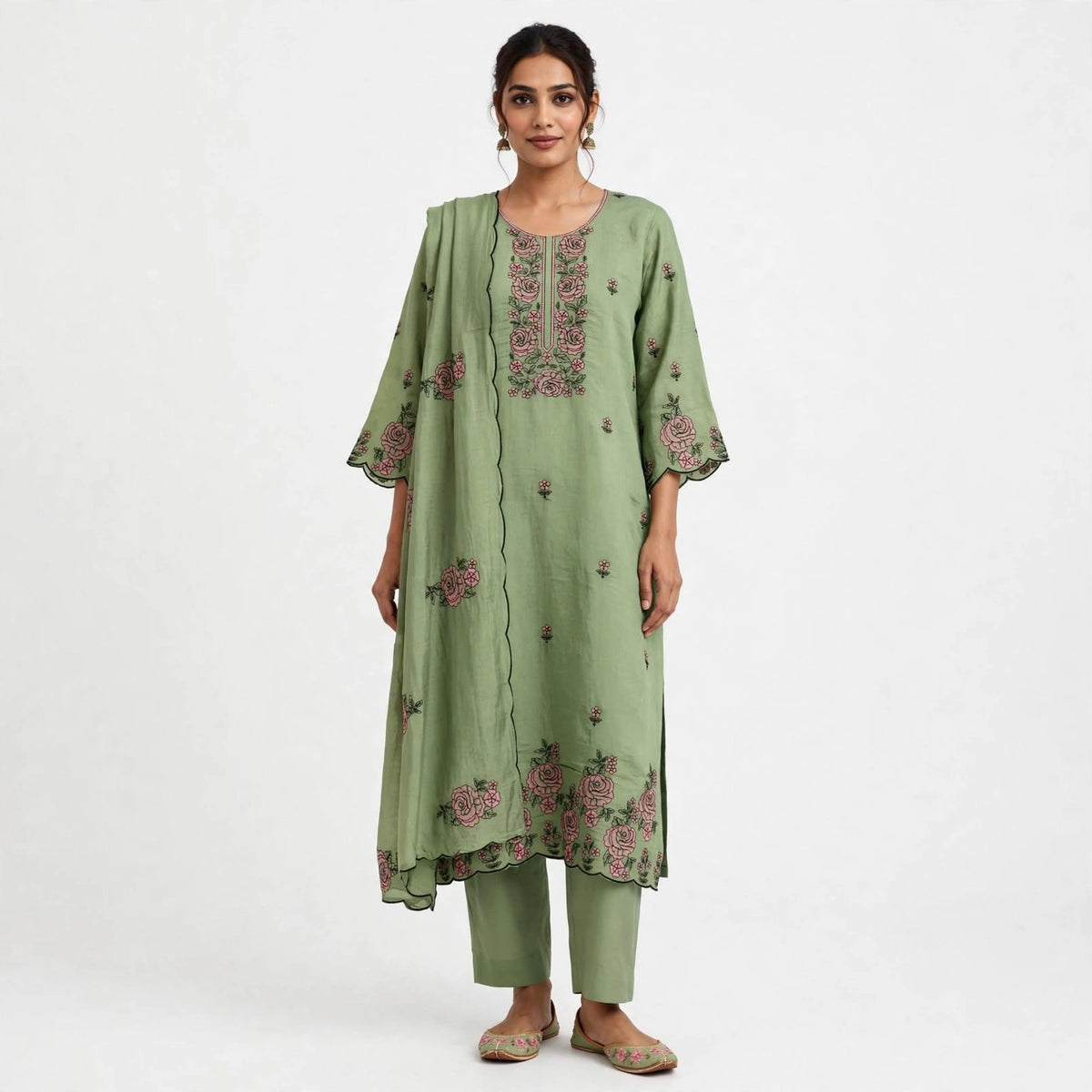 Sage Green Mul Chanderi Embroidered Suit Set