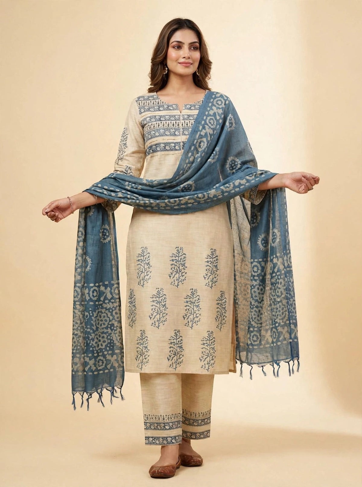 Beige & Teal Handloom Silk Batik Print Suit Set