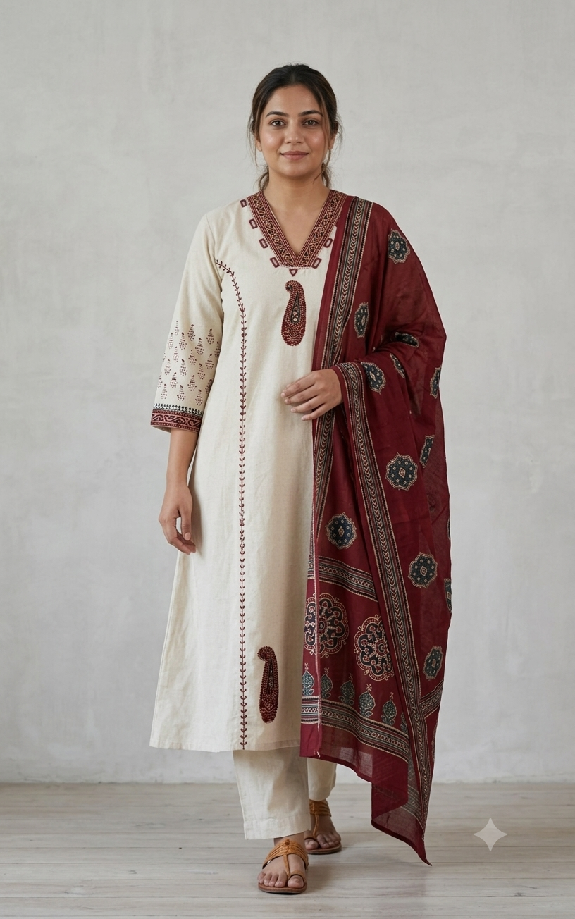 Off-White & Maroon Khadi Cotton Ajrakh Suit Set
