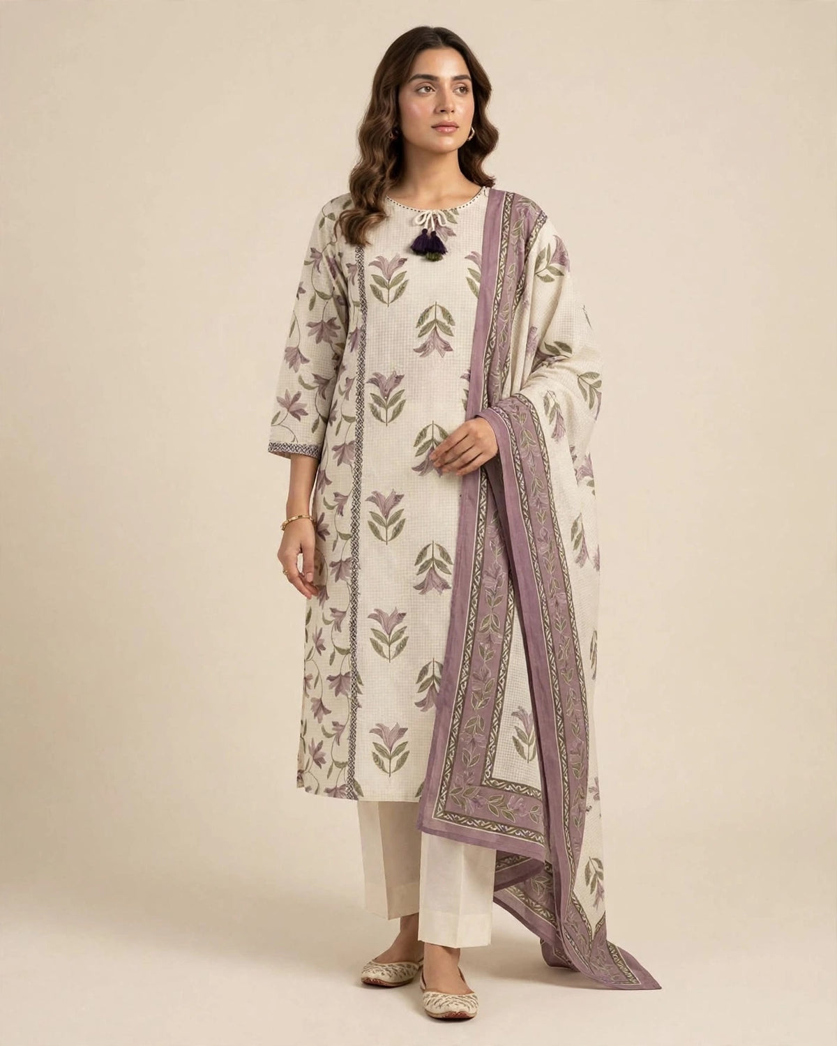 Off-White & Lavender Floral Printed Cotton Suit Set