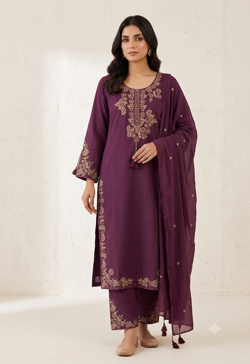 Purple Wine Pure Cotton Embroidered Suit Set