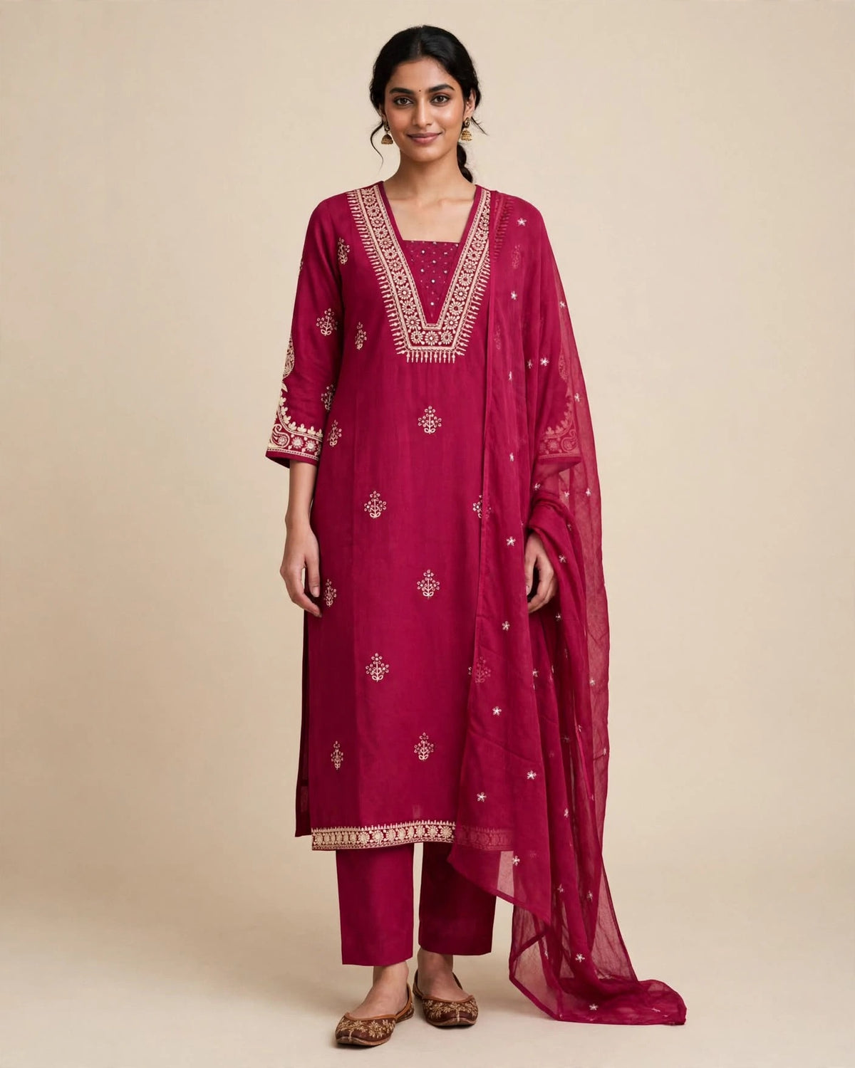 Magenta Pink Pure Cotton Dori Embroidered Suit Set