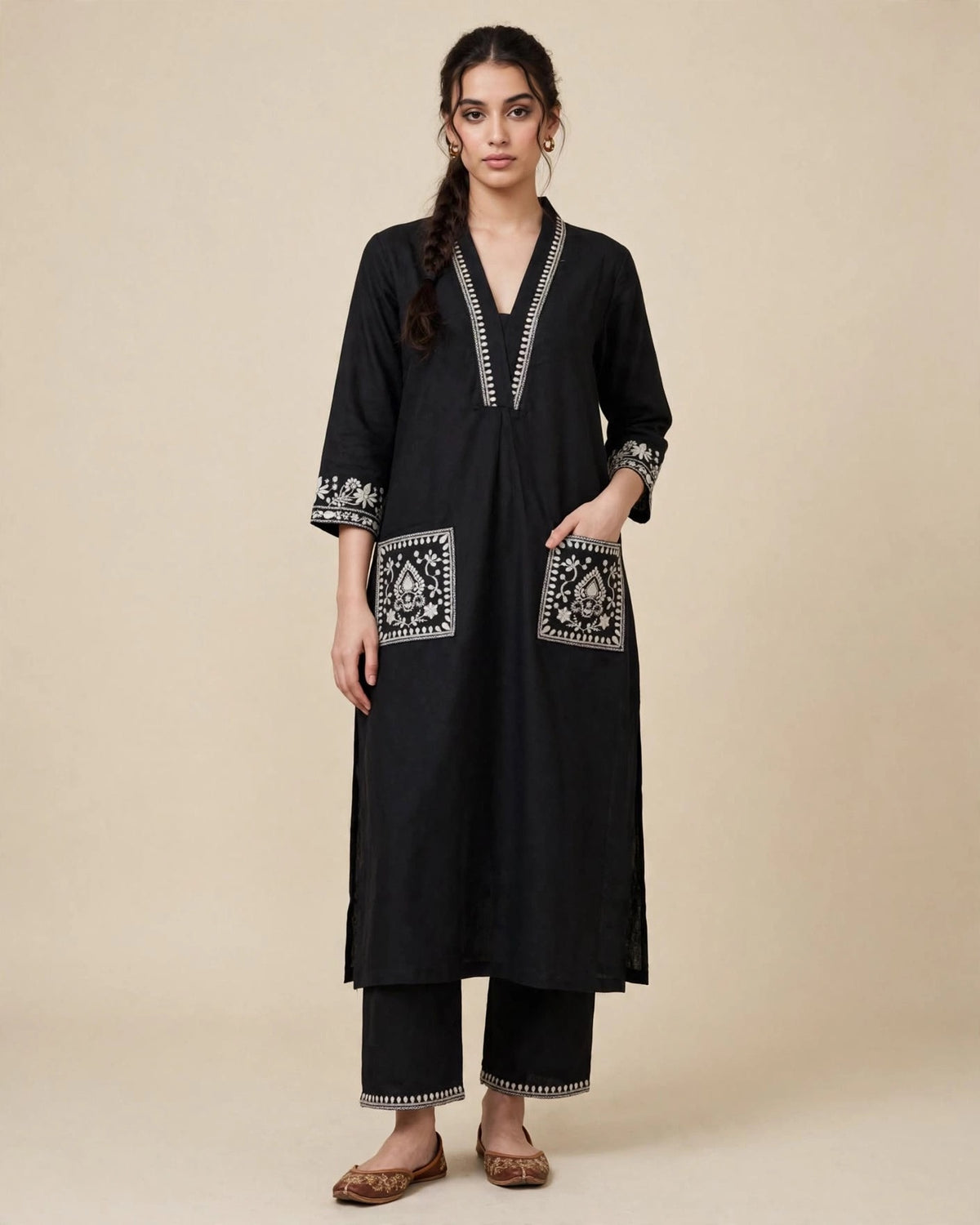 Black Khadi Cotton Embroidered 2pc Kurta Pant Set