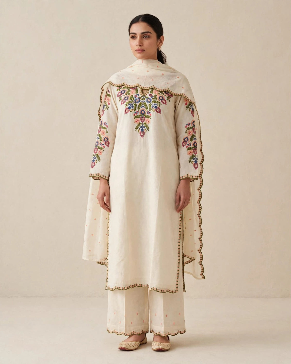 Off-White Multicolour Thread Embroidered Suit Set