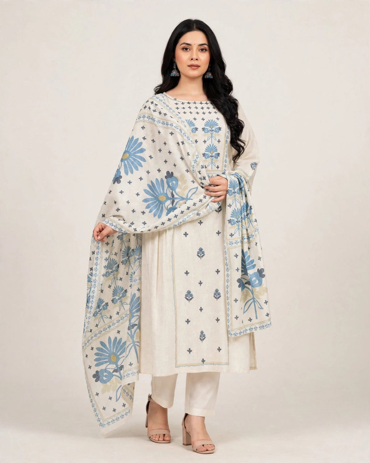 Off-White & Blue Floral Linen Cotton Suit Set