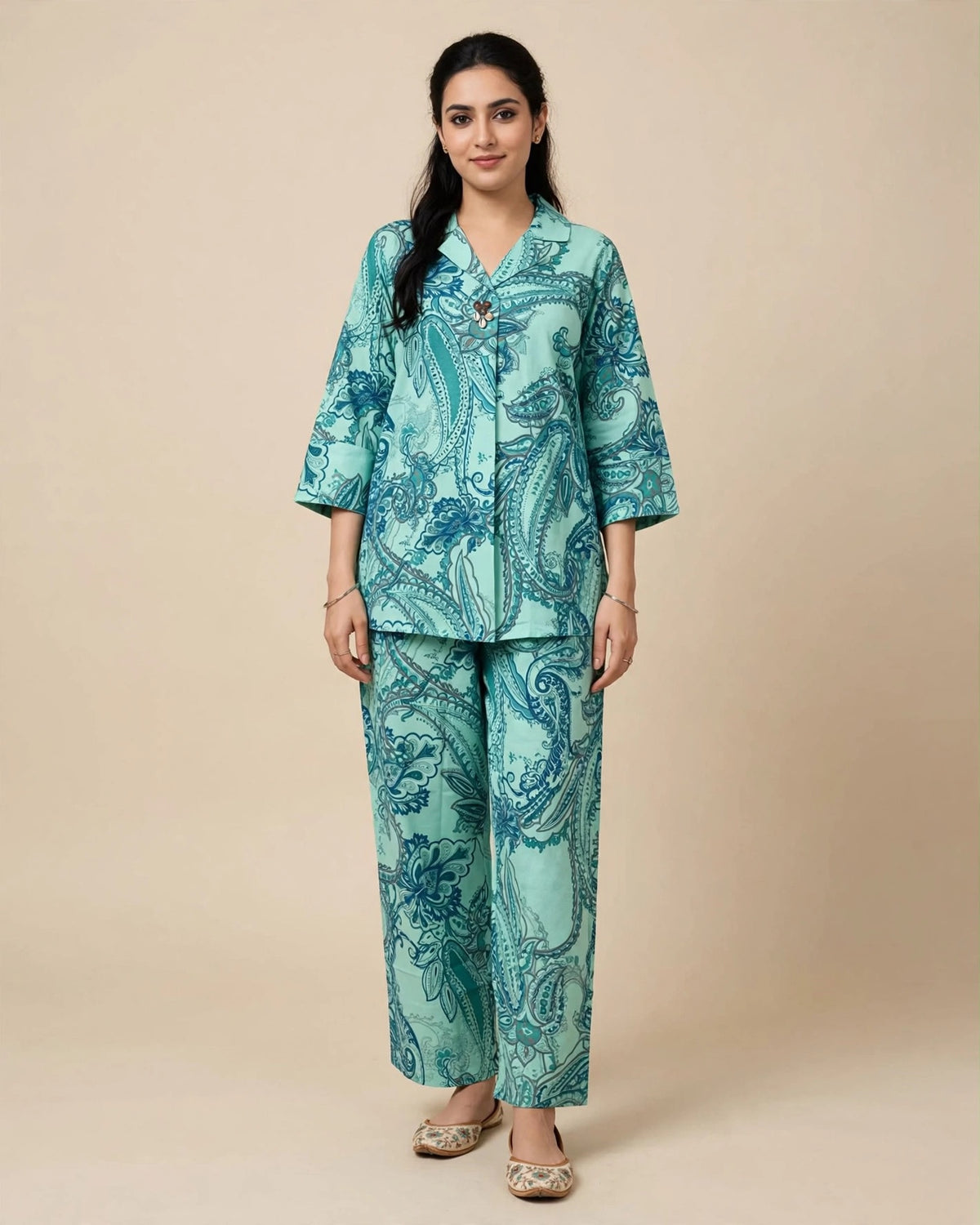 Aqua Blue Khadi Cotton Paisley Printed Co-ord Set