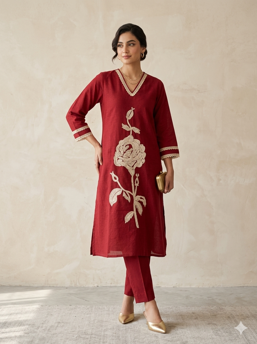 Deep Crimson Red Khadi Cotton Kurta Set