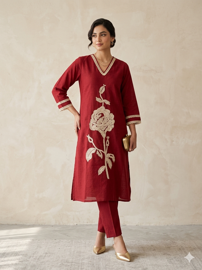 Deep Crimson Red Khadi Cotton Kurta Set