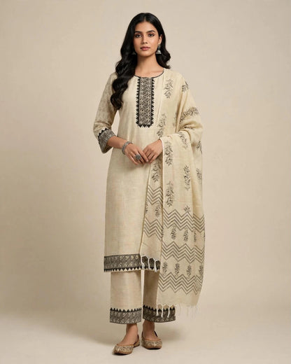 Beige Handloom Silk Printed Suit Set
