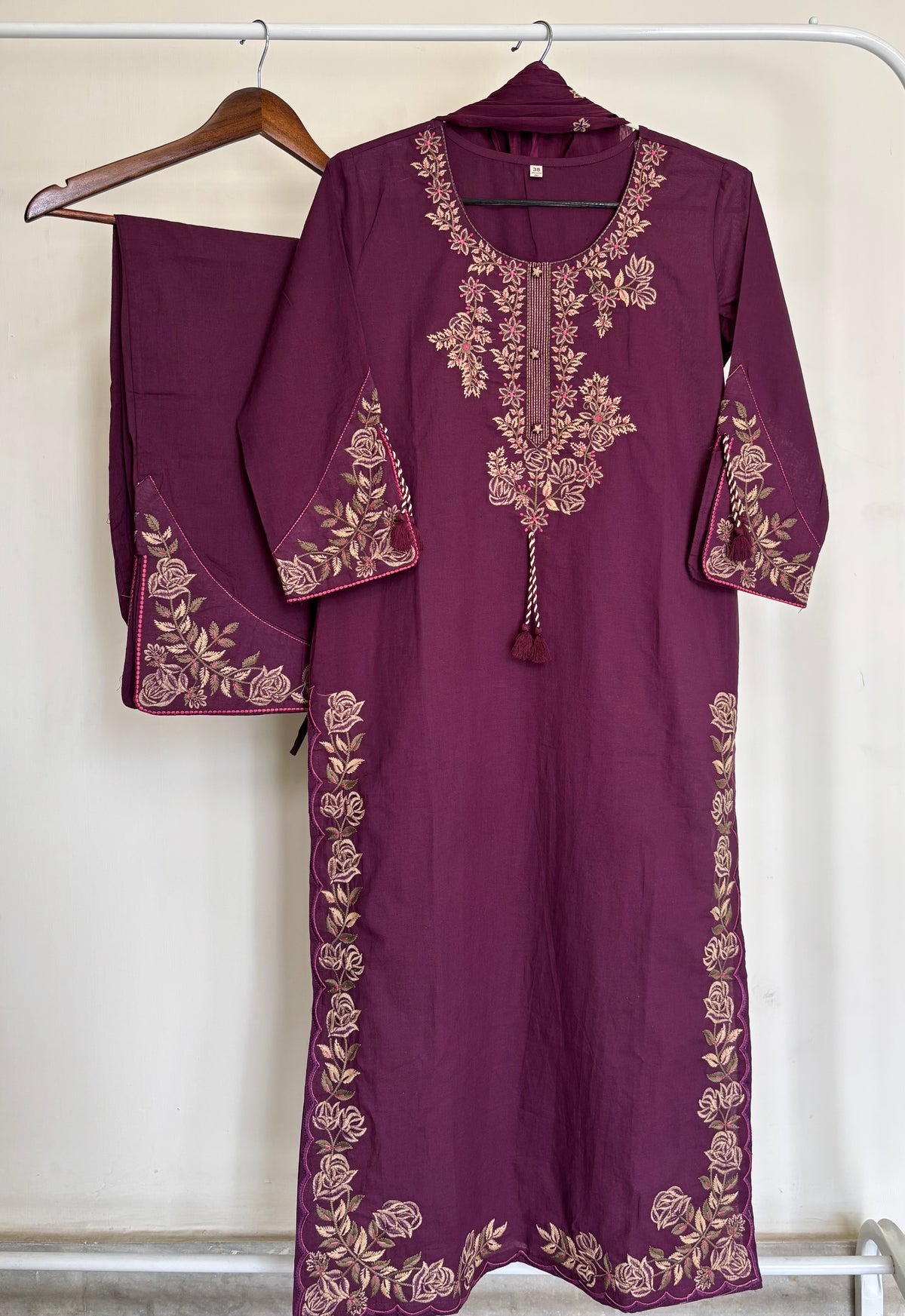 Purple Wine Pure Cotton Embroidered Suit Set