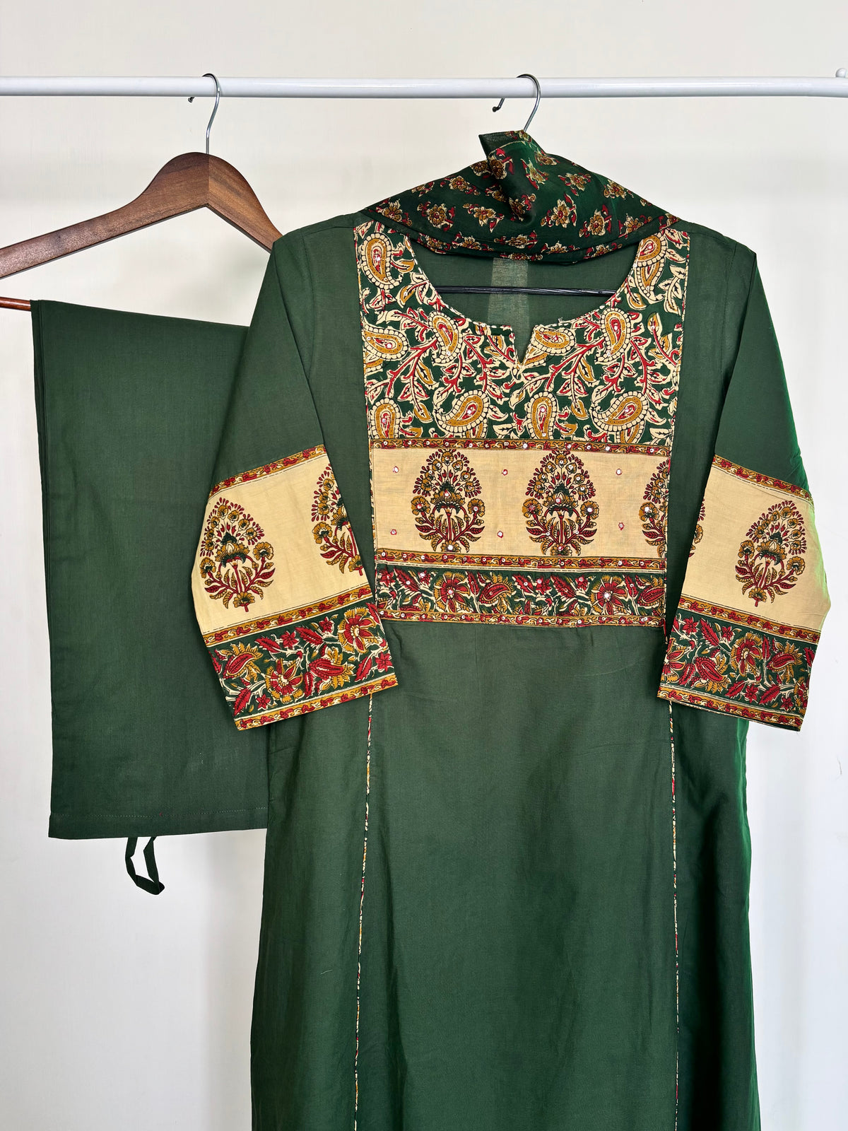 Dark Green Pure Cotton Kalamkari Print A-Line Suit Set