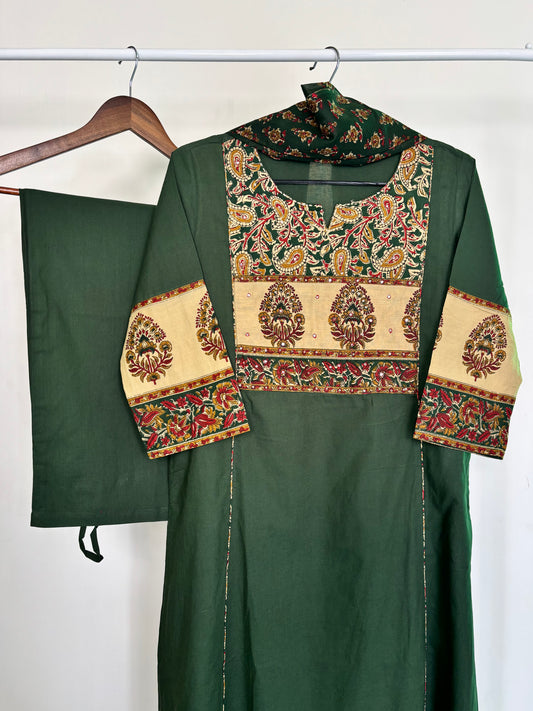 Dark Green Pure Cotton Kalamkari Print A-Line Suit Set