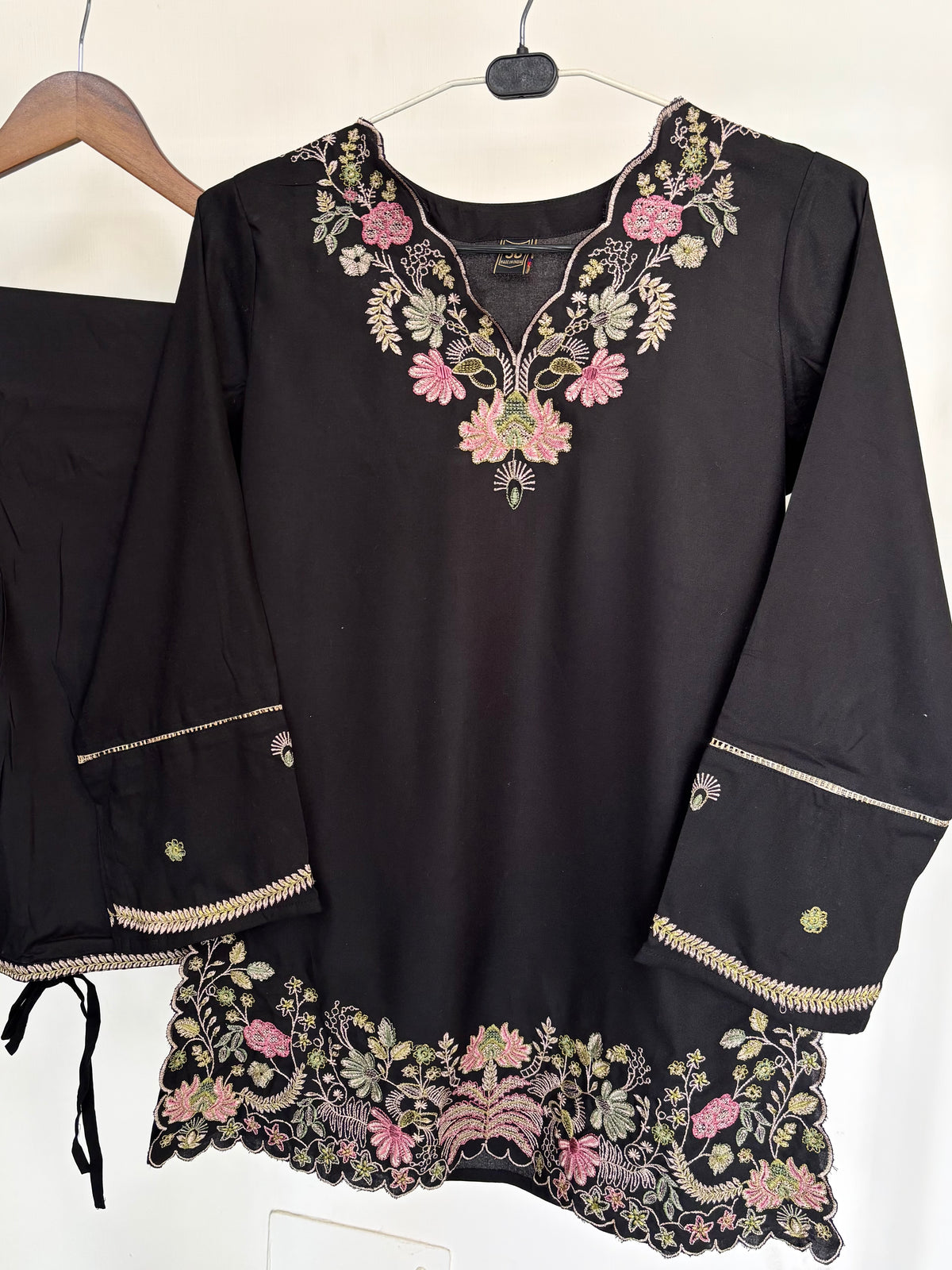 Black Floral Embroidered Rayon Co-ord Set