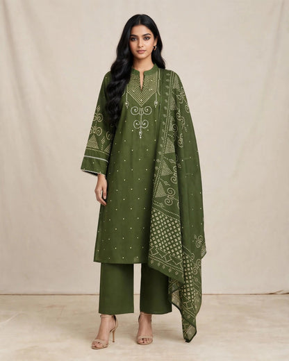 Henna Green Bandhani Printed Cotton Suit Set