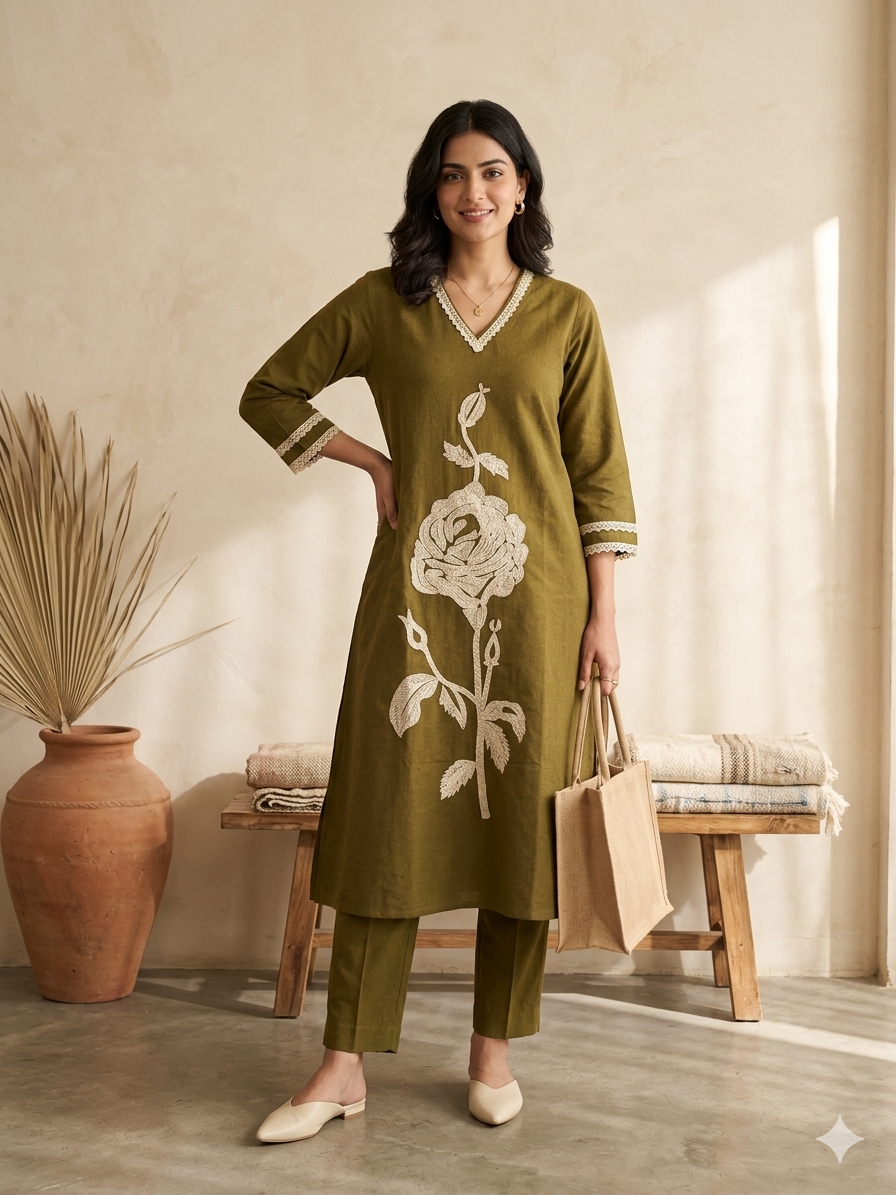 Olive Green Khadi Cotton Kurta Set