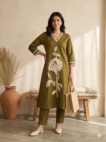 Olive Green Khadi Cotton Kurta Set