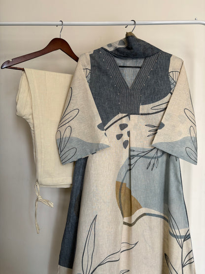 Grey & Beige Abstract Printed Linen Suit Set