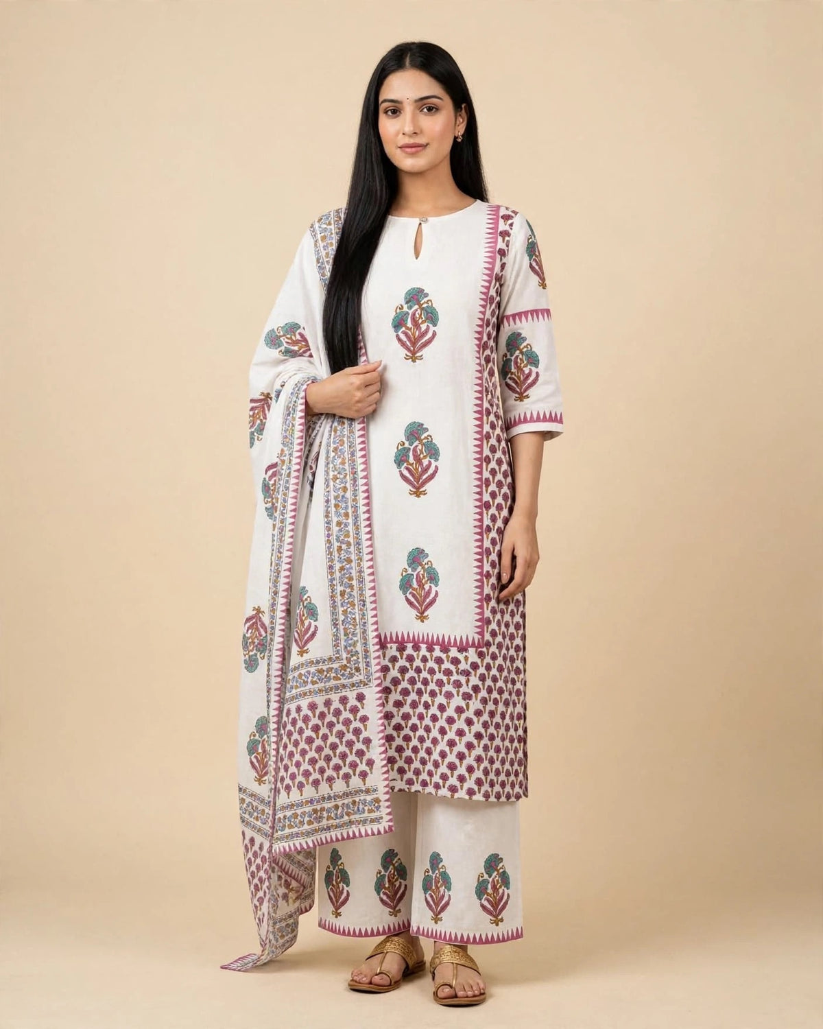 Off-White & Pink Block Printed Khadi Cotton Suit Set