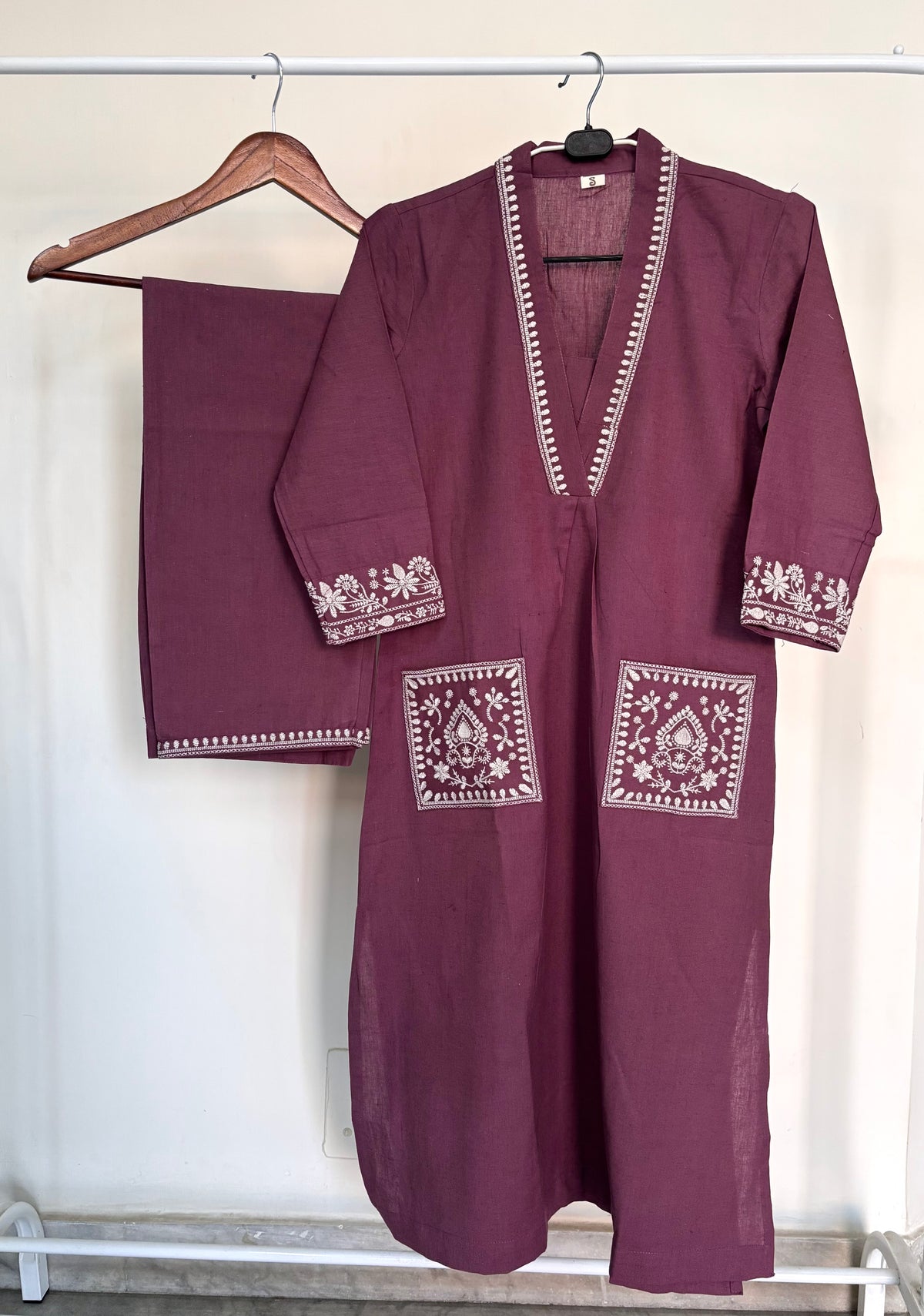 Mauve Khadi Cotton Embroidered Kurta Set
