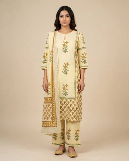 Lemon Yellow Block Printed Khadi Cotton Suit Set