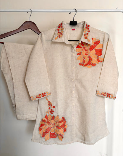 Orange Khadi Cotton Embroidered Co-ord Set
