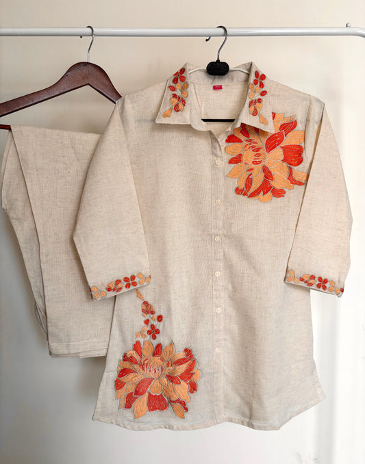 Orange Khadi Cotton Embroidered Co-ord Set