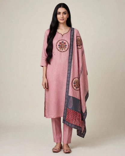 Dusty Pink Embroidered Soft Silk Suit Set