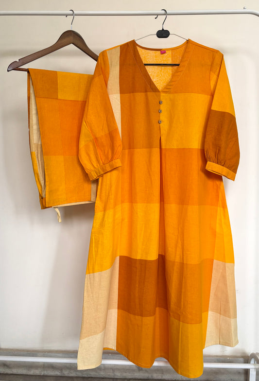 Yellow Abstract Checked Pure Cotton Kurta Set