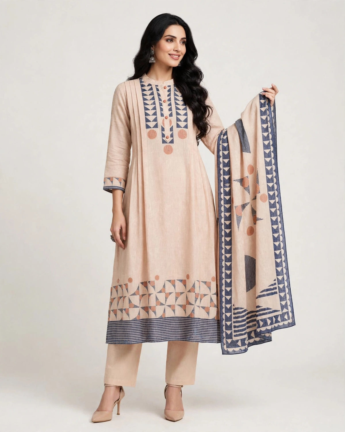 Peach & Indigo Linen Cotton Geometric Printed Suit Set