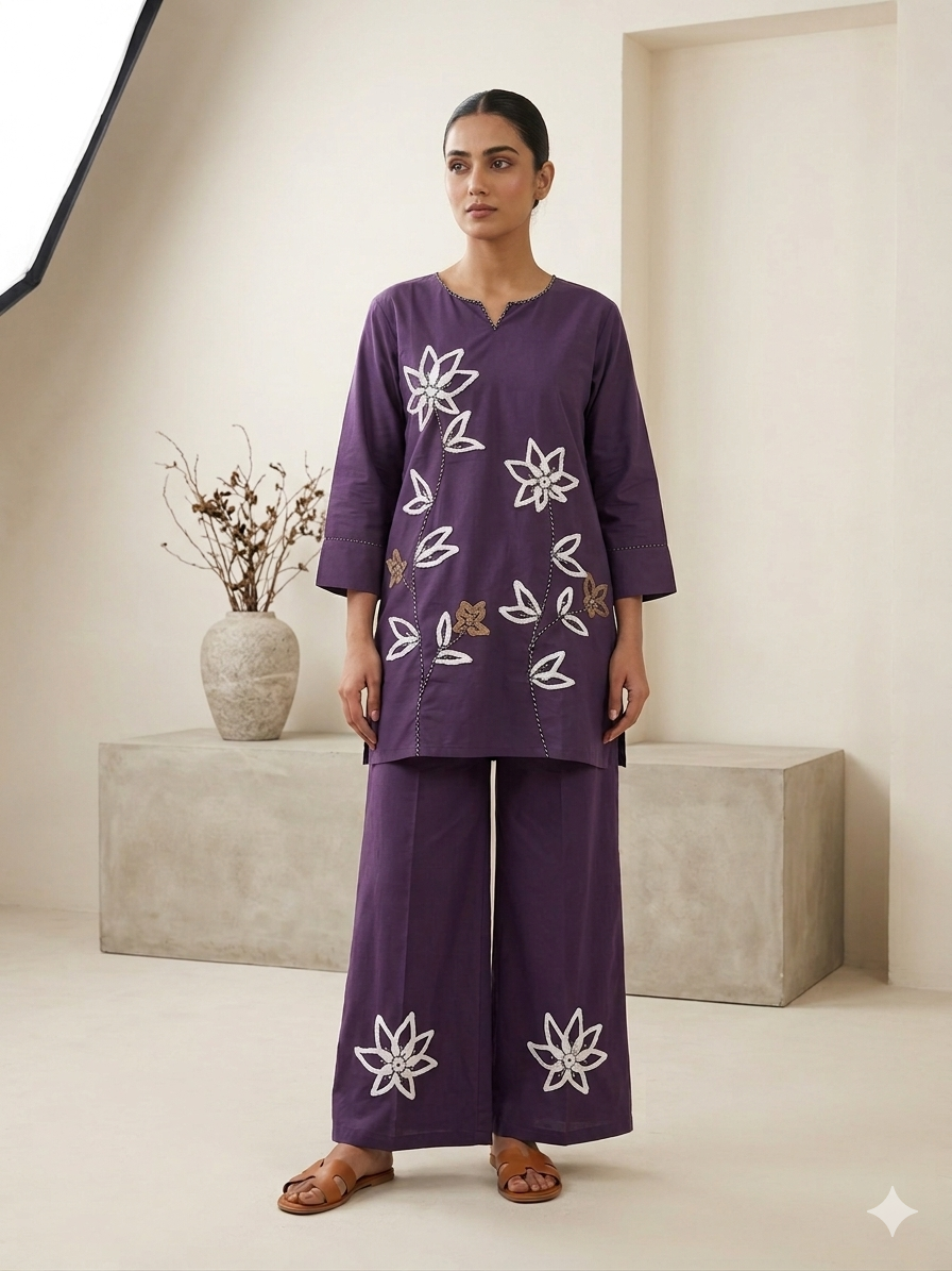Purple Pure Cotton Embroidered Co-ord Set