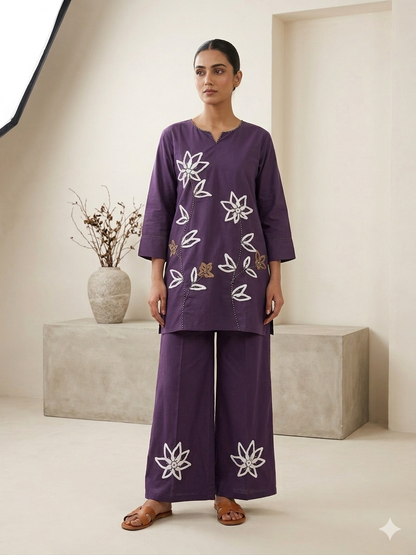 Purple Pure Cotton Embroidered Co-ord Set