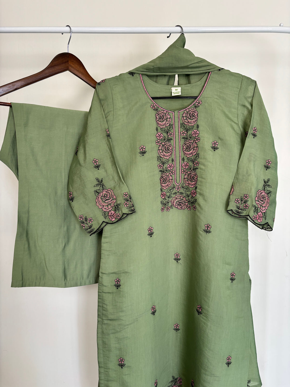 Sage Green Mul Chanderi Embroidered Suit Set