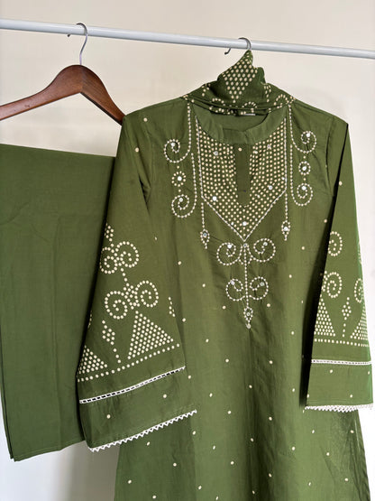 Henna Green Bandhani Printed Cotton Suit Set
