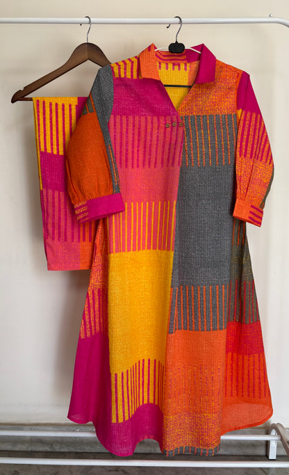 Multicoloured Abstract Shirt-Style Cotton Kurta Set