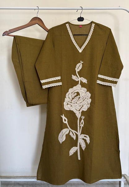 Olive Green Khadi Cotton Kurta Set