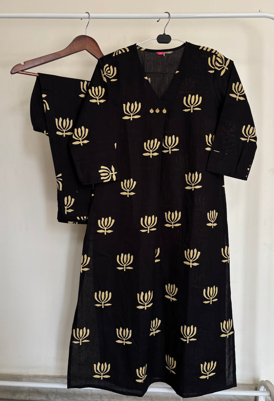 Black Lotus Printed Khadi Cotton Kurta Set