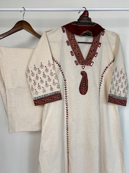 Off-White & Maroon Khadi Cotton Ajrakh Suit Set