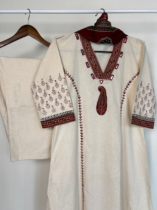 Off-White & Maroon Khadi Cotton Ajrakh Suit Set