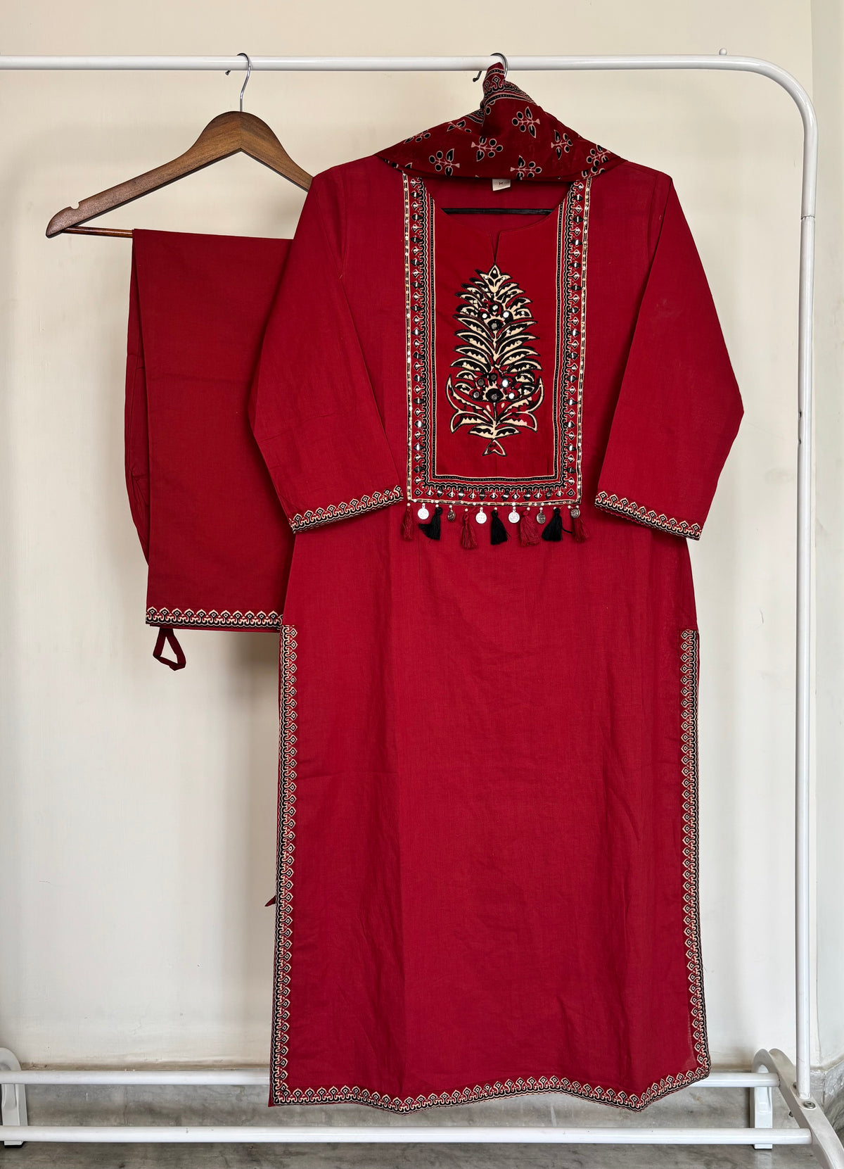 Maroon Pure Cotton Ajrakh Applique Suit Set