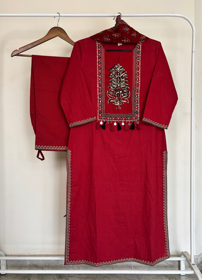 Maroon Pure Cotton Ajrakh Applique Suit Set