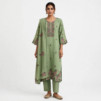 Sage Green Mul Chanderi Embroidered Suit Set