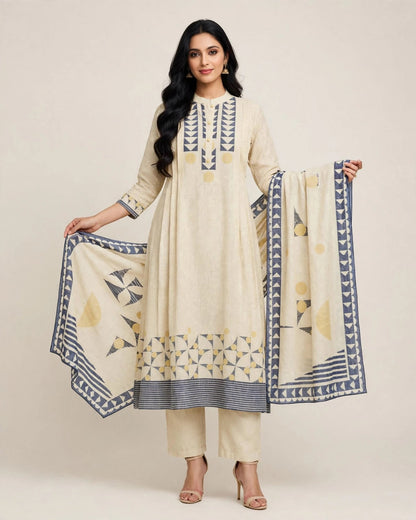 Lemon & Indigo Linen Cotton Geometric Printed Suit Set