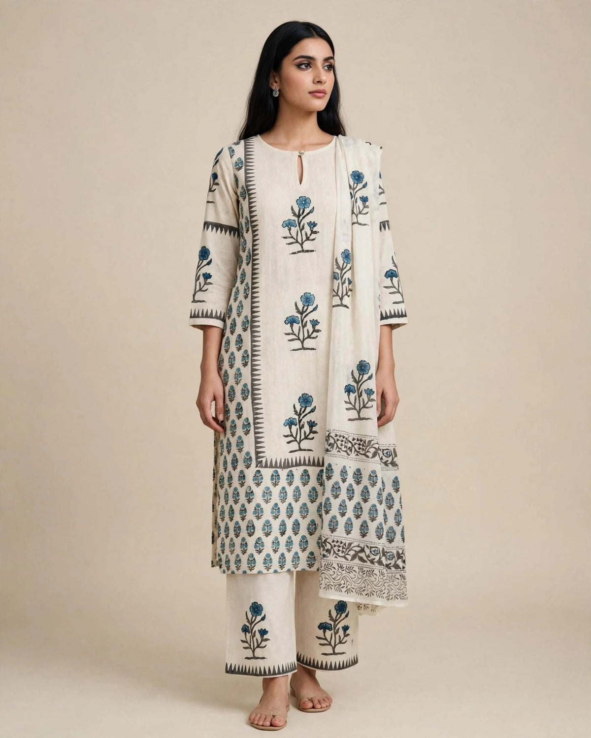 Off-White & Grey Block Printed Khadi Cotton Suit Set