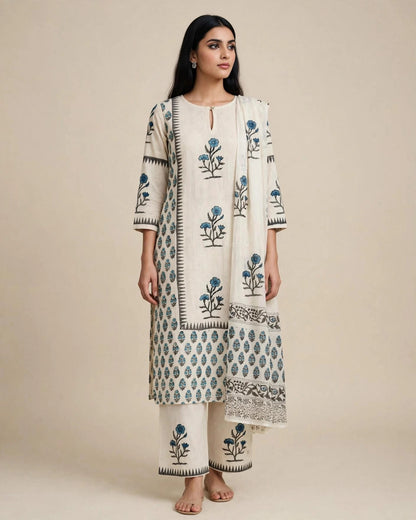 Off-White & Grey Block Printed Khadi Cotton Suit Set