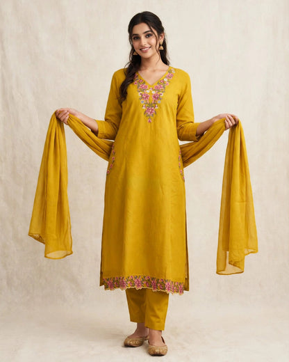 Mustard Yellow Pure Cotton Cross-Stitch Embroidered Suit Set