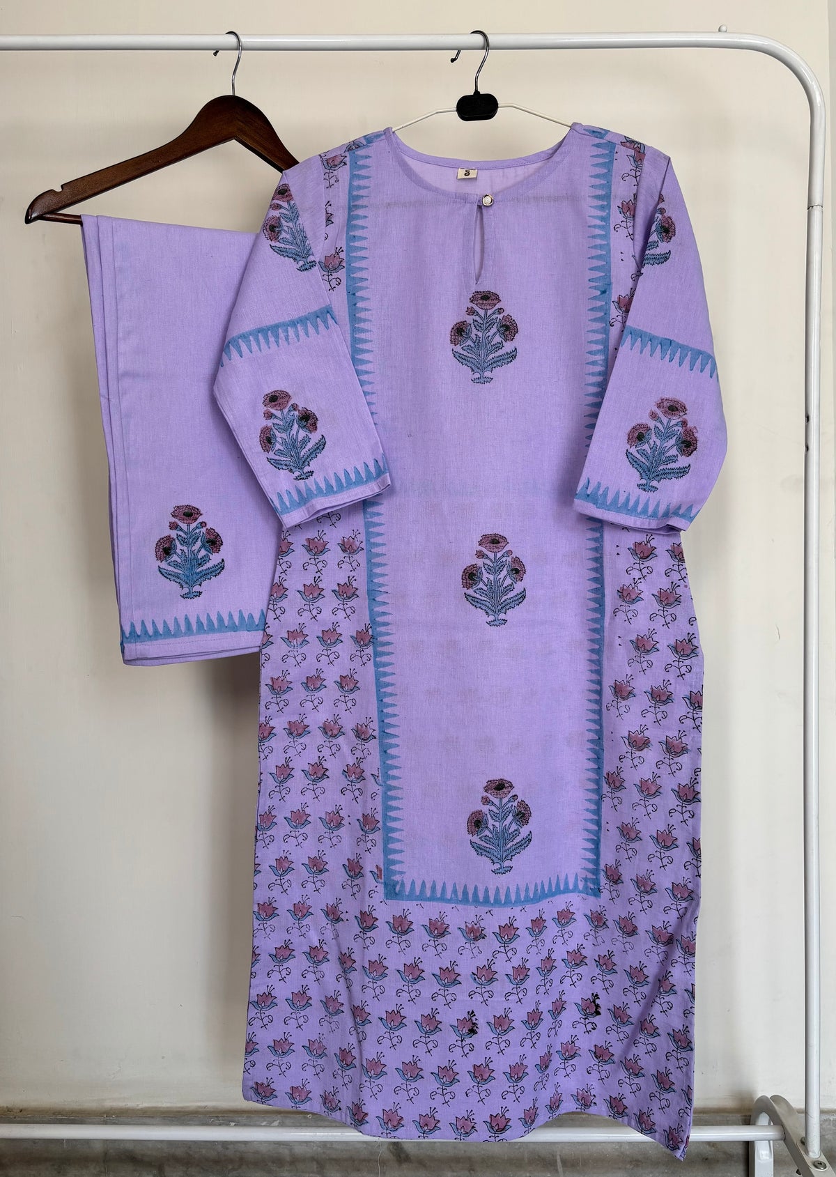 Lavender Khadi Cotton Hand Block Printed 2pc Set