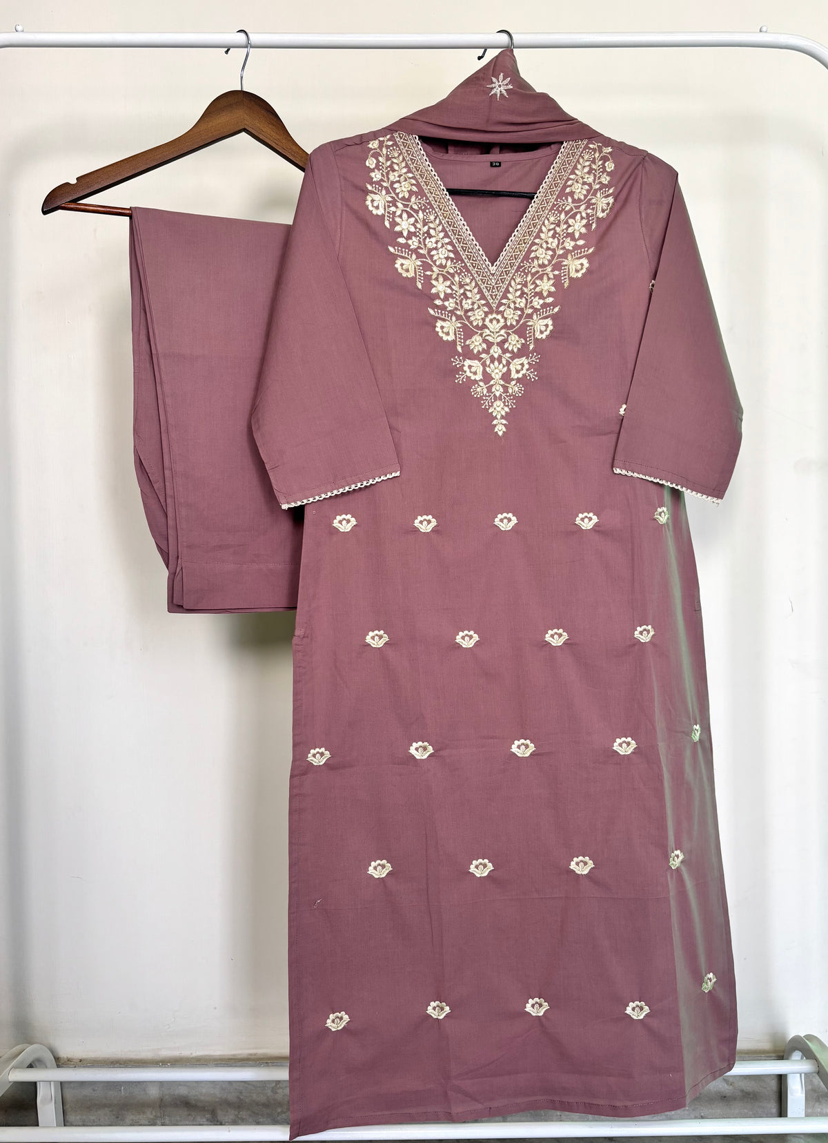 Mauve Pure Cotton Embroidered Suit Set